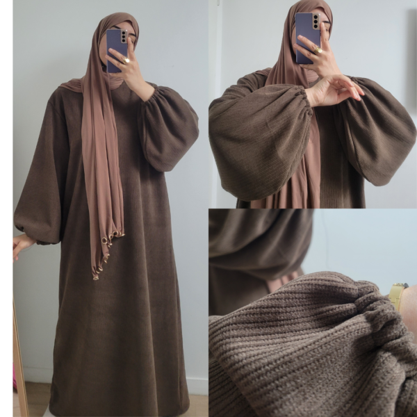 Abaya manches ballon velours côtelé marron