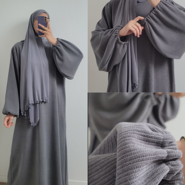 Abaya manches ballon velours côtelé gris