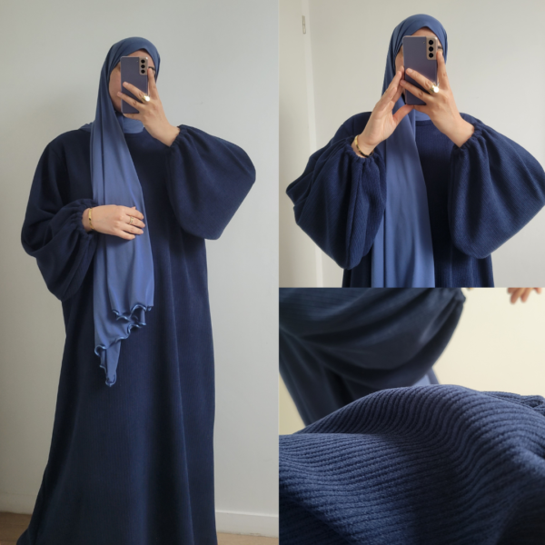 Abaya manches ballon velours côtelé bleu marine