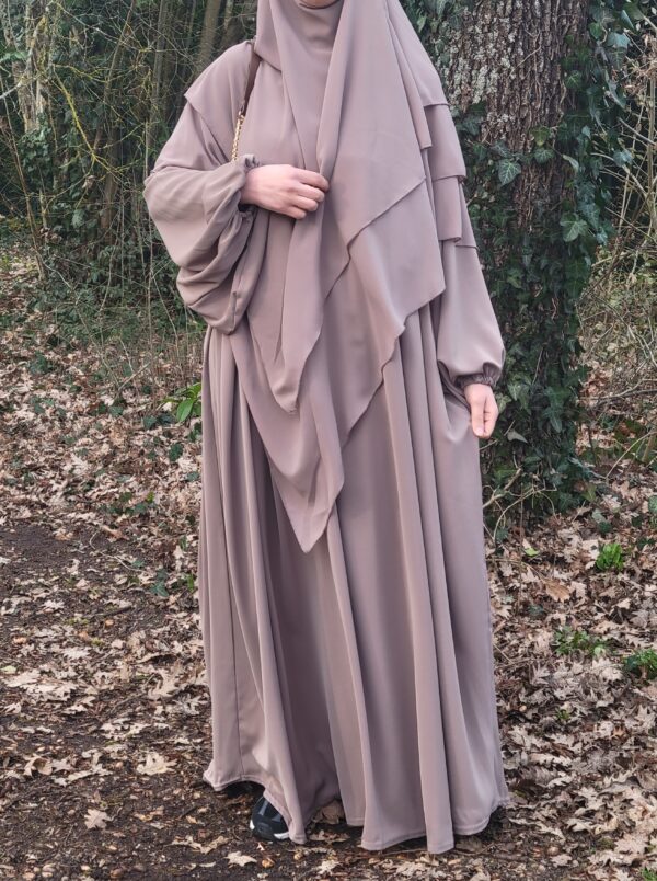 Ensemble abaya manches ballon et khimar 3 voiles taupe