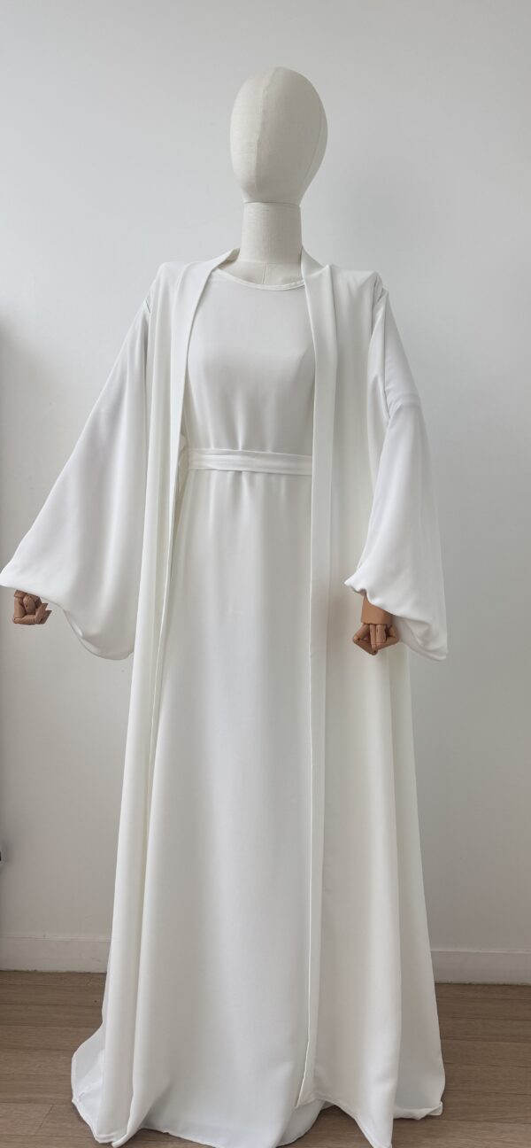Ensemble abaya et kimono manches ballon soie de médine blanc