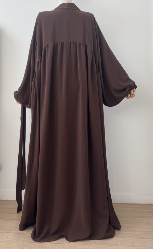 Ensemble abaya et kimono manches ballon soie de médine marron