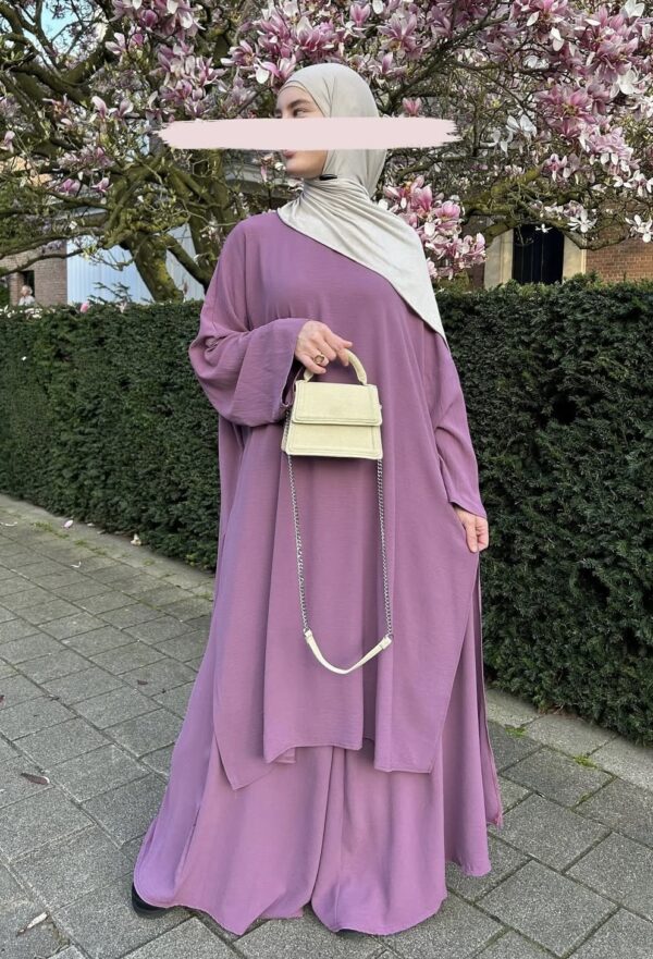 Ensemble jupe et tunique à fentes en soie de médine violet