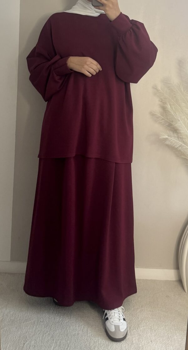 Comfu set : ensemble jupe et haut manches ballon, couleur bordeaux