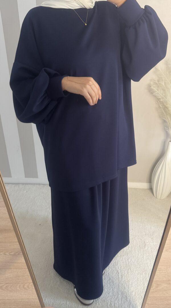 Comfu set : ensemble jupe et haut manches ballon, couleur bleu marine