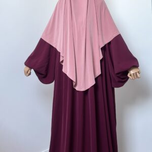 Ensemble abaya manches ballon et khimar jersey premium rouge et rose